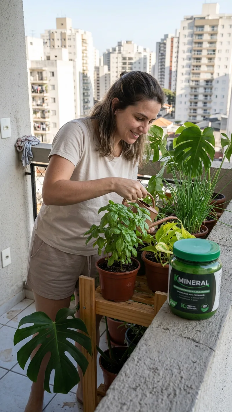 Larissa cuidando dos vasos na varanda do apartamento, com o pote de Kmineral ao lado